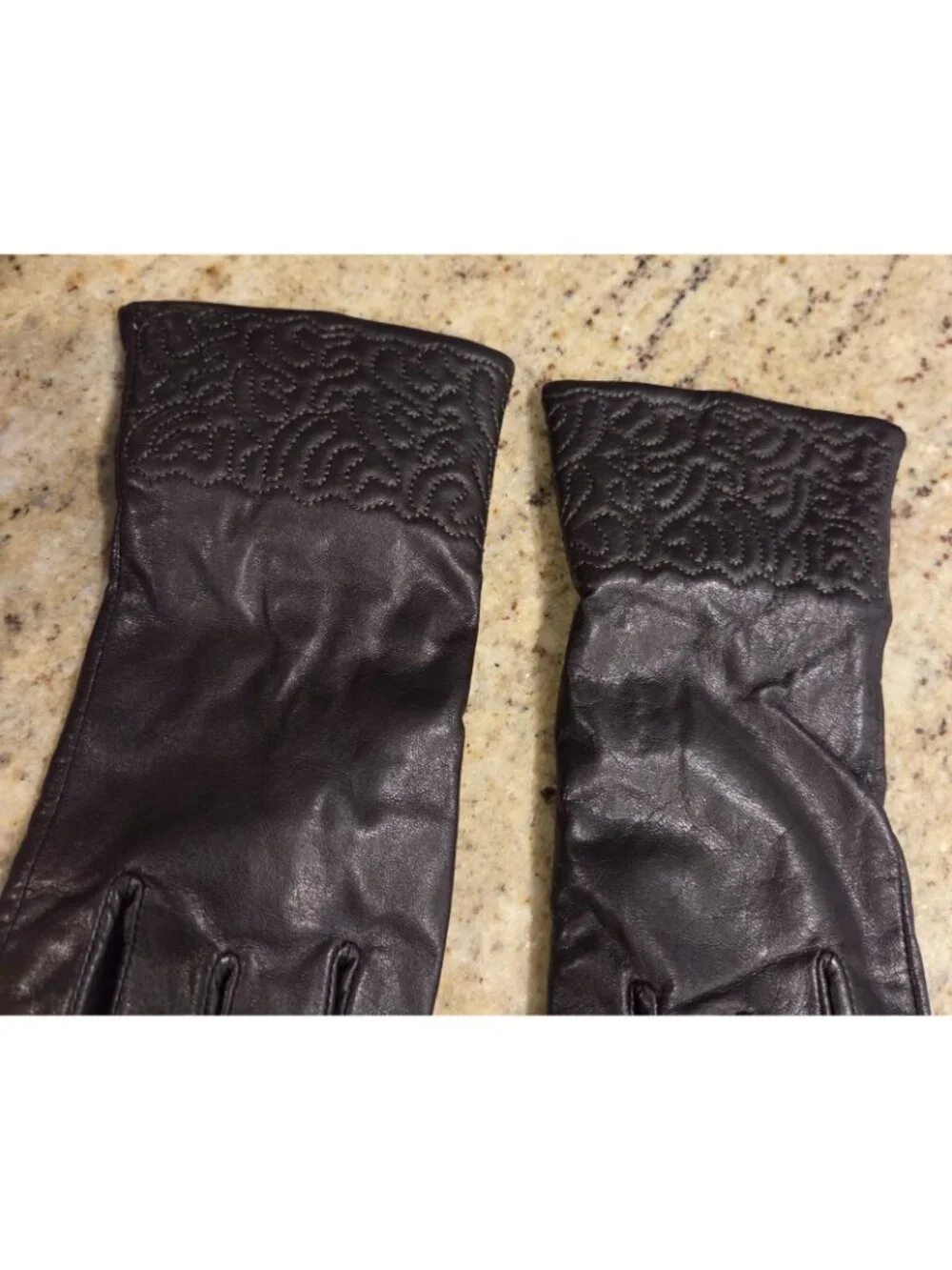Womens Size M/L Brown Leather Fleece Lined Gloves Scroll Embroidered
